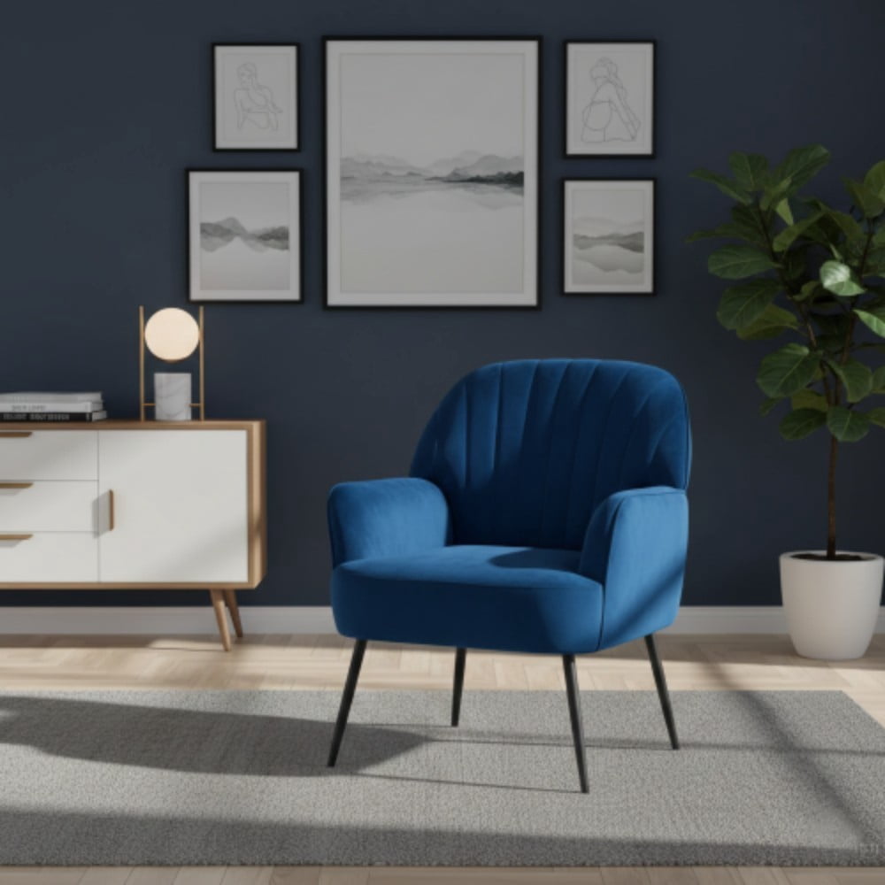 Velvet Accent Chair, Modern Upholstered Barrel Chair with Shell-Shaped Tufted Back, Padded Armrests, Metal Legs for Living Room, Bedroom & Office, Blue