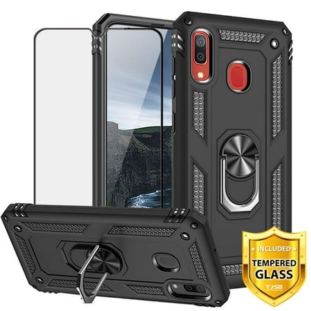 TJS Case Compatible for Samsung Galaxy A20/A30 2019, [Full Coverage Tempered Glass Screen Protector][Impact Resistant][Defender][Metal Ring][Magnetic][Support] Heavy Duty Armor Phone Cover (Best Phone Coverage 2019)