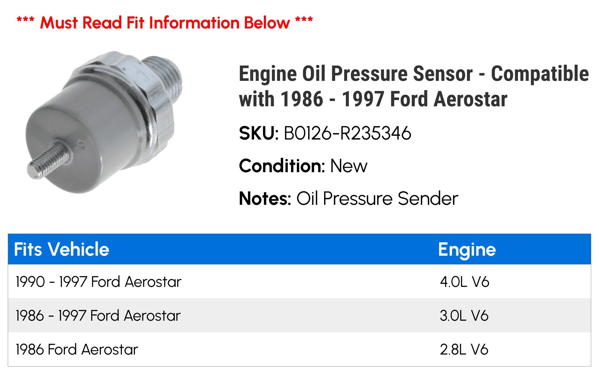 Engine Oil Pressure Sensor - Compatible with 1986 - 1997 Ford Aerostar 1987 1988 1989 1990 1991 1992 1993 1994 1995 1996
