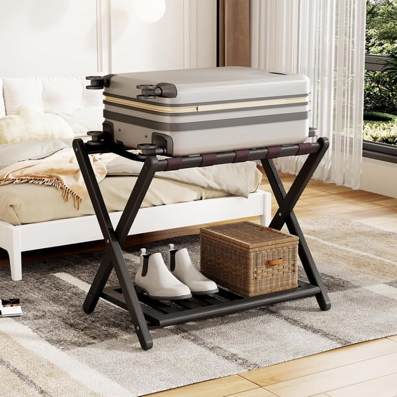 YANGLI Fully Assembled Black Bamboo Luggage Rack with Shoe Shelf, Foldable Suitcase Stand with 5 Nylon Straps, 26.77” L, for Guest Room & Hotel