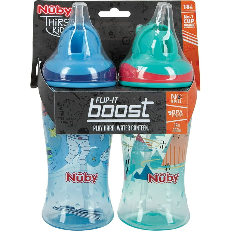 Nuby Thirsty Kids No-Spill Flip-it Printed Boost Cup with Thin Soft St –