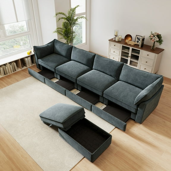 L-Shaped 4-Seater Sectional Sofa with Storage Ottoman, Crescent Armrests and Wraparound Back Cushions in Soft Chenille Fabric for Modern Living Room