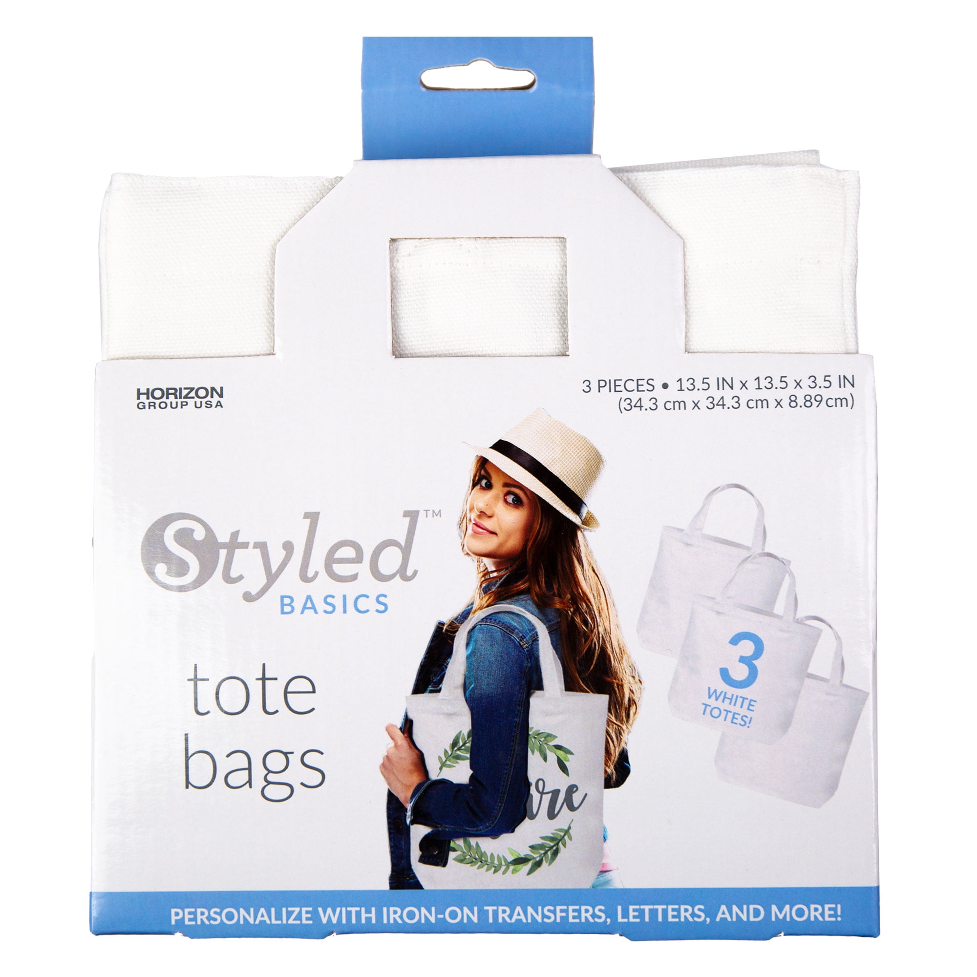 Styled Basics, Large White Canvas Tote Bag With Strap, 3-Pack, 13.5” x 13.5” x 3.5”, Packaging May Vary