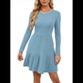 thumbnail image 2 of Vestido Corto Informal de Otoño de Larga para Mujer, de Punto Acanalado, Cuello Redondo, Fluido, Corte A, con Bolsillos Azul S, 2 of 8