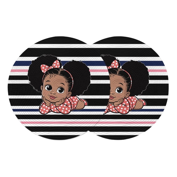 Round Placemats Black Girl 15 inch Set of 2 Table Mats for Dining Table Cute Bow Hairpin Black Stripes Heat Resistant Non-Slip Kitchen & Home Decorative Place Mat Set
