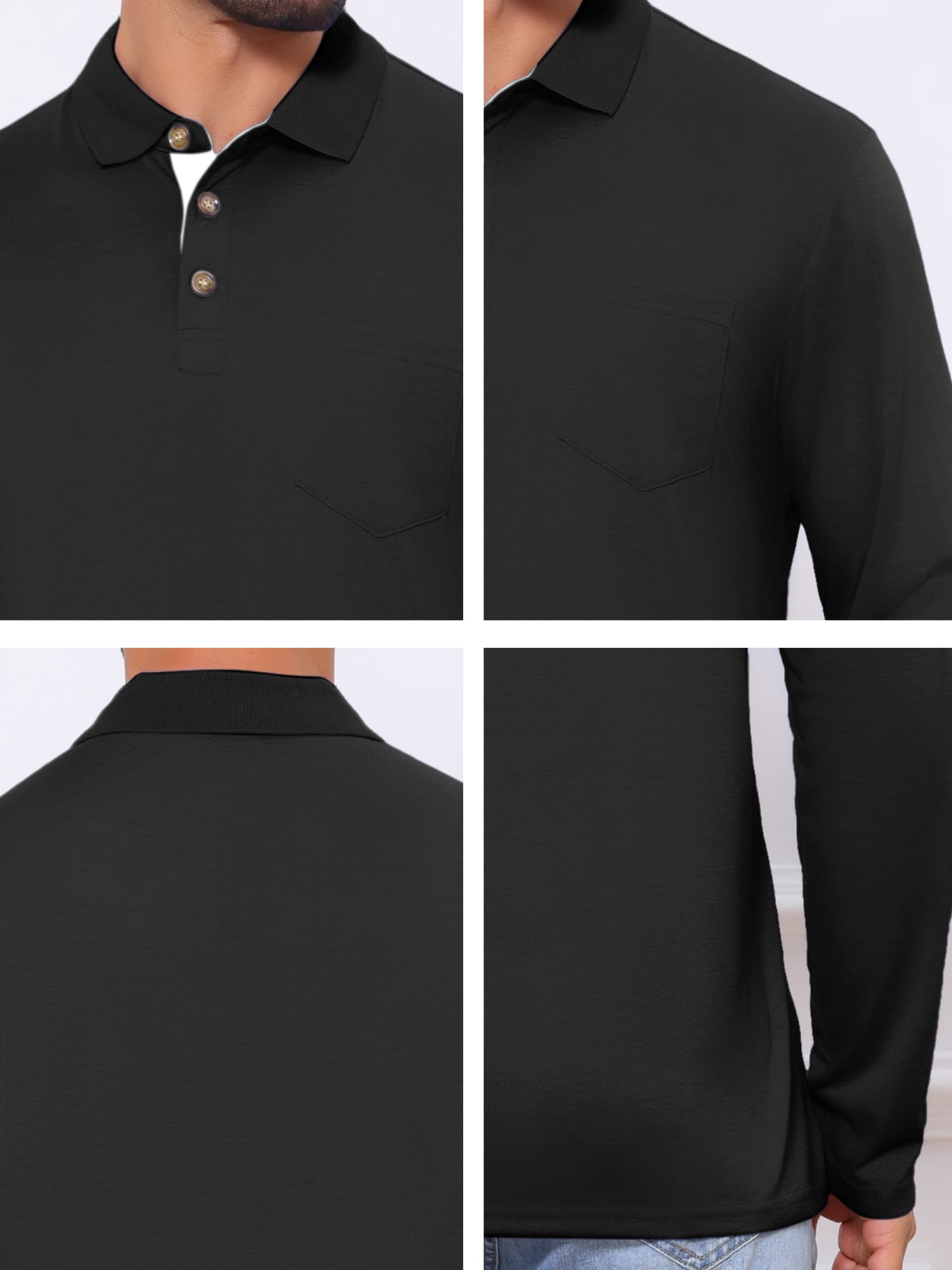 DARING DIVA Men's Contrast Button Collared Long Sleeves Golf Polo T-Shirts 2XL Black