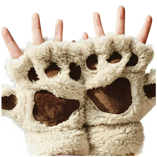 Fgnfyis Gants pour Chat Demi-Doigts Ours Sans Doigts Mignons Femmes Épais Dessin Animé Chauds Beige