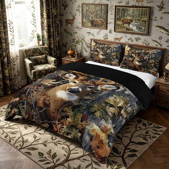 Meiyoeat Jungle Animal Deer Print Duvet Cover Queen, Autumn Oak Leaves Pattern Queen Bedding, Brown Green,3-Piece,No Comforter,Black Reversible