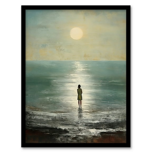 Looking Out To Sea Oil Painting Alone At The Water Shore Moonlit Beach Seascape Art Print Framed Poster Wall Decor 12x16 inch