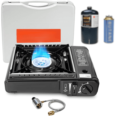 Dual Fuel Camp Stove with Windblocker, Propane or Butane Stove10000 BTU With Propane Adapter Hose and Carrying Case Propane Stove for Camping,Gas Portable Stove for Huting, Hiking（Fuel not included）