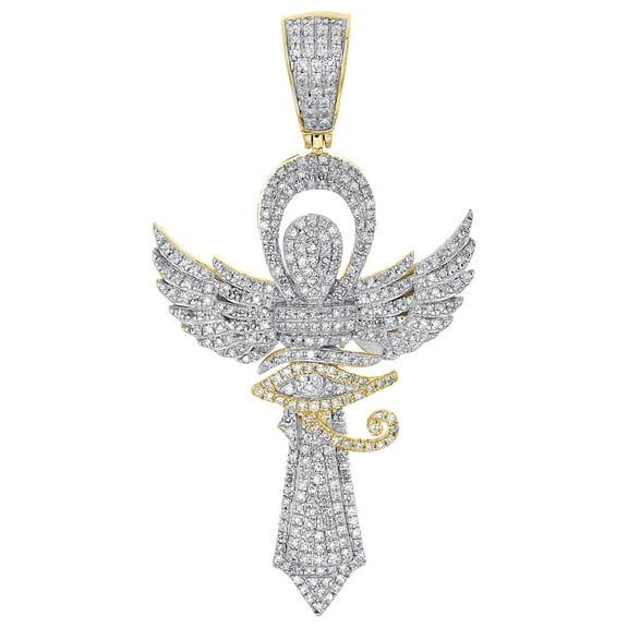 10K Yellow Gold Real Diamond Men's Egyptian Ankh Cross Eye of Ra Pendant 3/4 CT