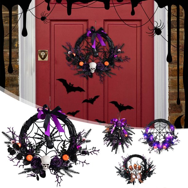 Xihbxyly Corona de Calavera de Halloween, Guirnalda de Ratán Morado, Diseño de Calavera Realista, Decoración de Fiesta Espeluznante, Decoración Inquietante para El Hogar, Decoración Versátil, Puerta