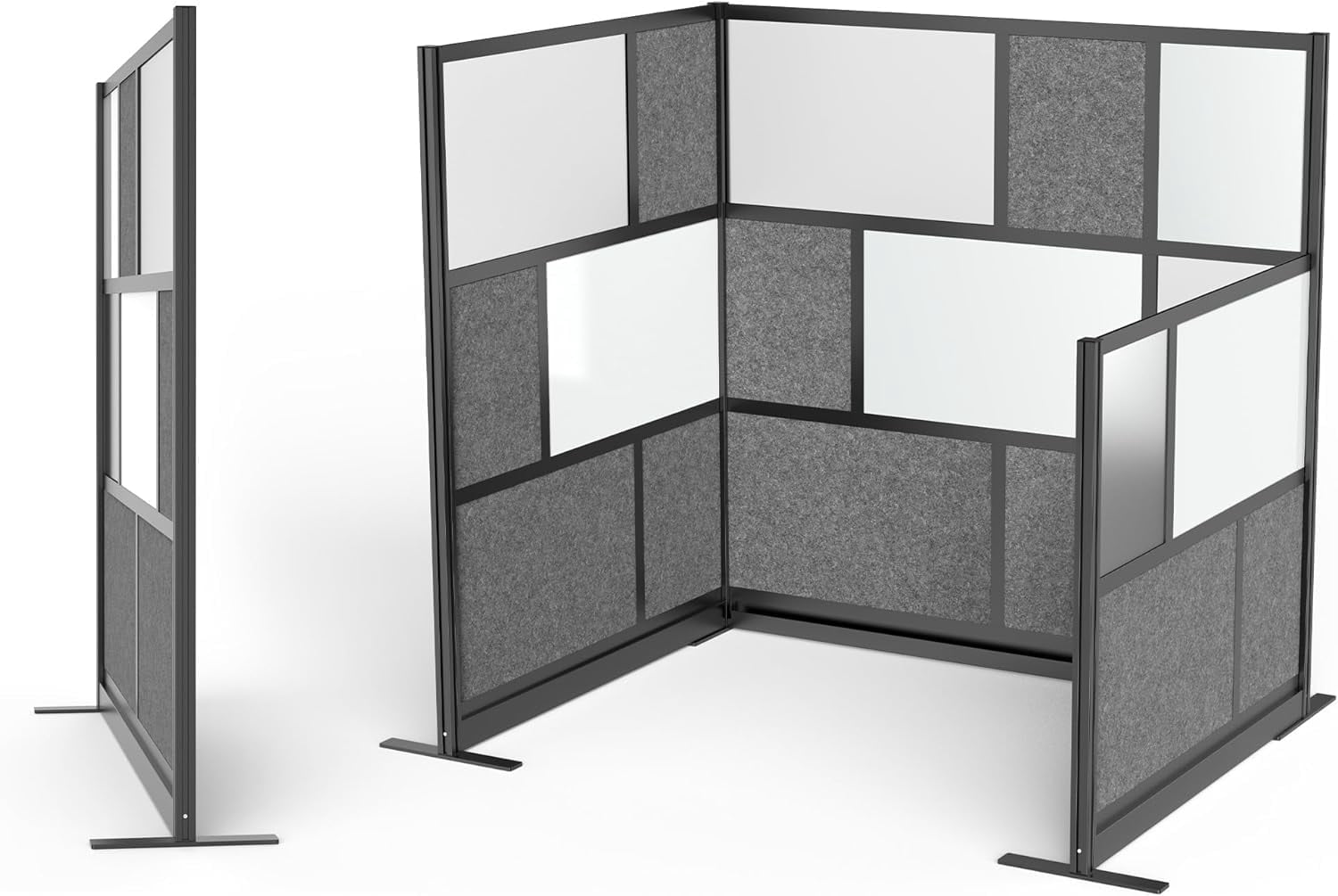 Stand Up Desk Store Workflow Modular Wall | 70'' x 70'' Wall | Expandable Partition Room Divider with Rearrangeable Frosted Acrylic, Sound Absorbent and Whiteboard Wide Panels (Black Frame)