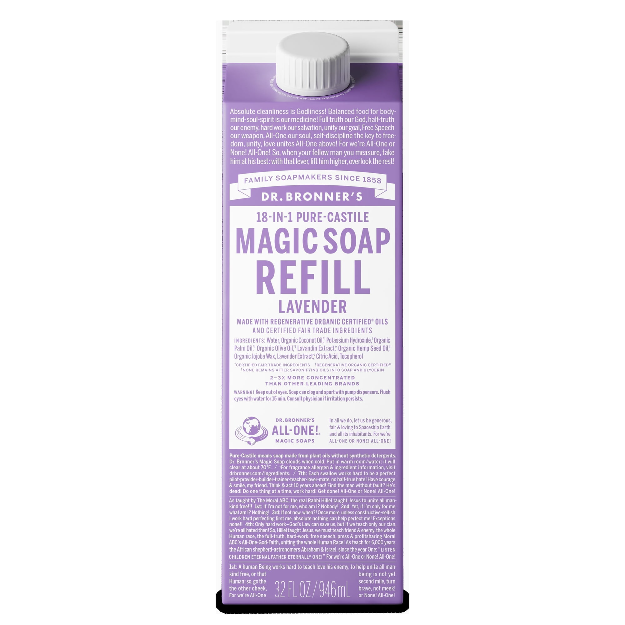 Dr.Bronner's Magic Soap Refill, Lavender, Pure-Castile Body Wash Liquid Soap, 32 fl oz