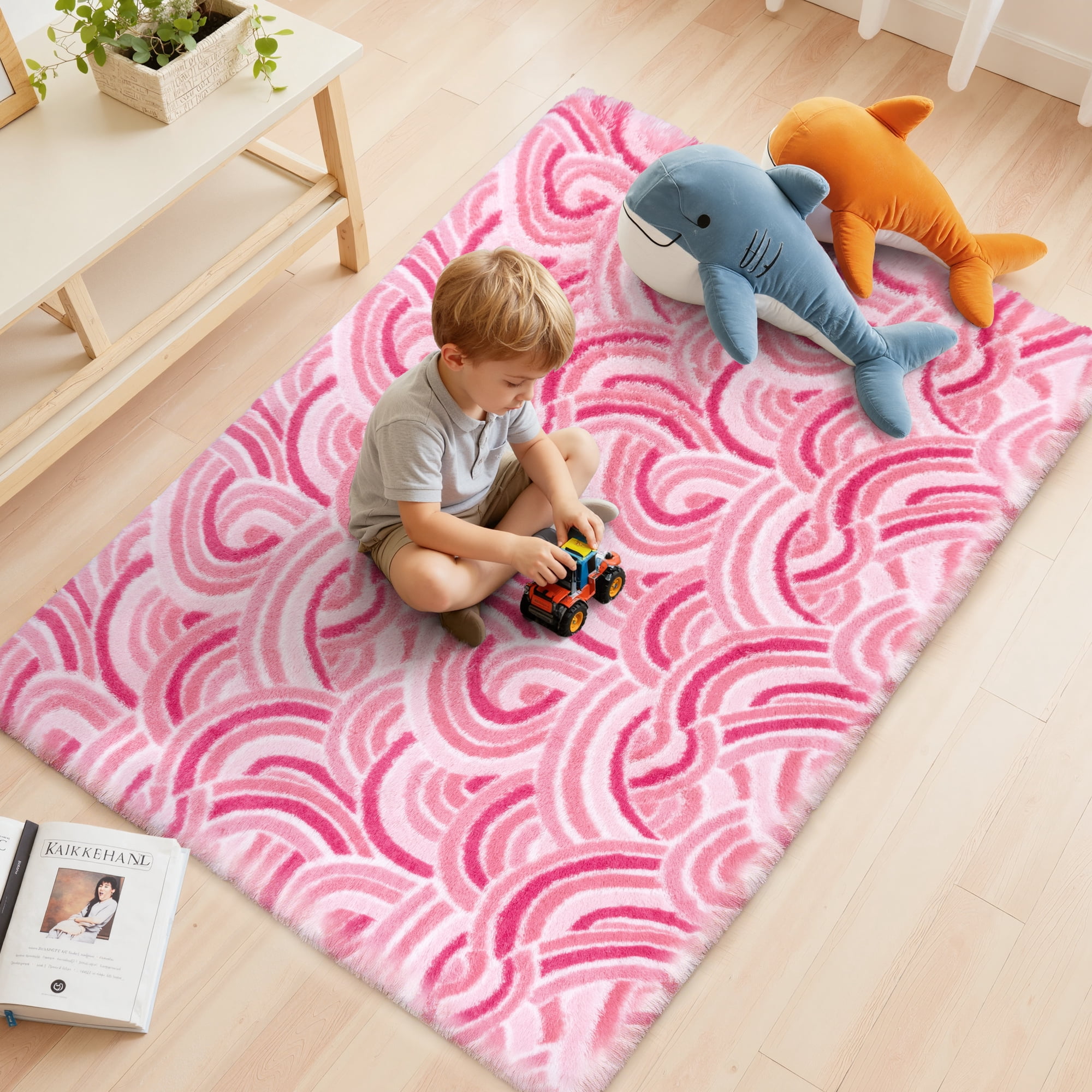 MeyJey 3'x 5' Shag Area Rug, Soft Fluffy Area Rugs for Kids Room Living Room Bedroom Decor Carpet, Pink