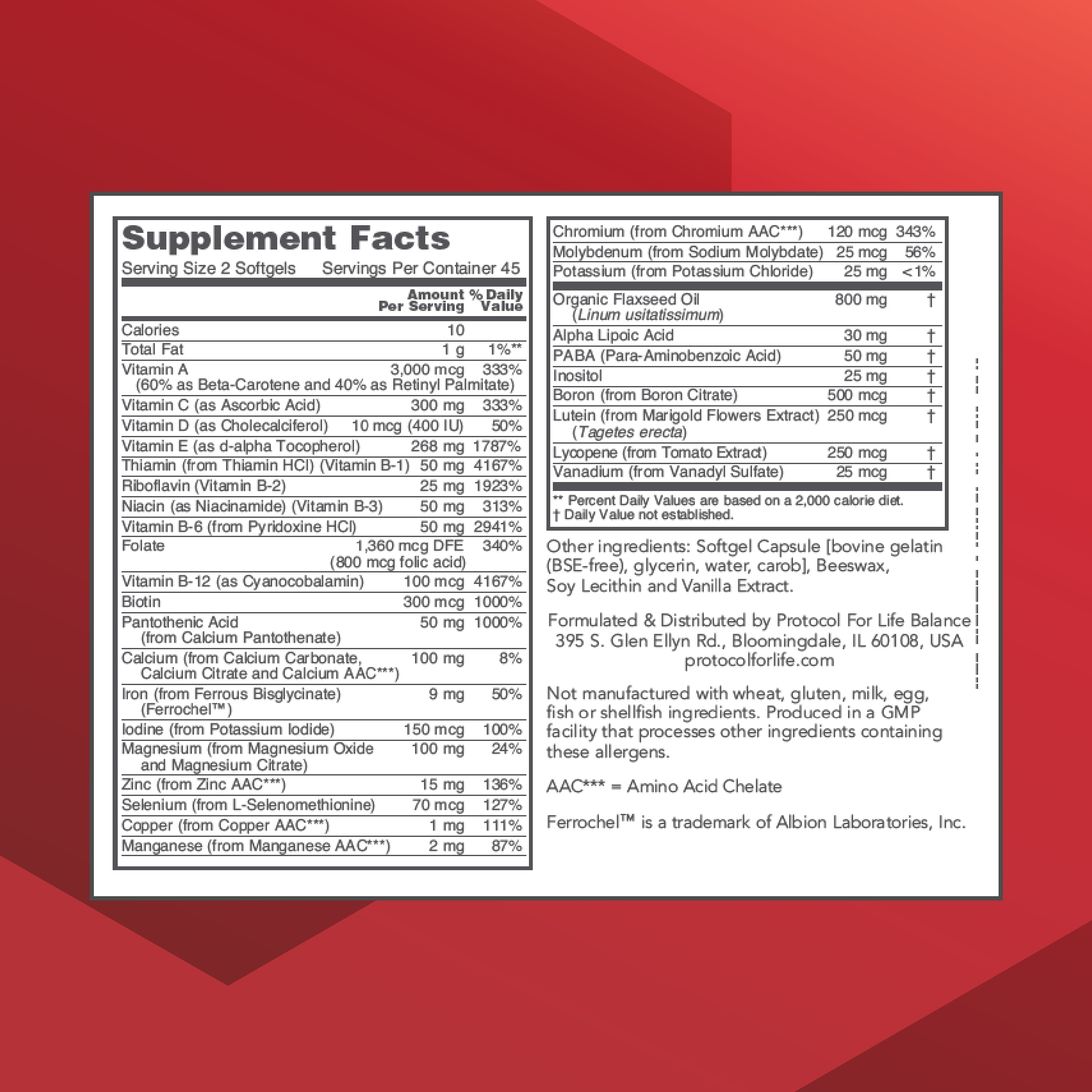 Protocol Ortho Multi - Complete Vitamins & Minerals Complex - Multivitamin With Lutein, Lycopene & Flax Seed Oil - Egg Free & Keto Friendly - 90 Softgels