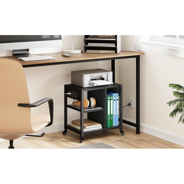 GloryStar Support d'Imprimante sous le Bureau avec Station de Recharge, Table d'Imprimante Industrielle avec 3 Étagères de Rangement, Chariot d'Imprimante Mobile Robuste avec Roues Verrouillables pour le Rangement du Papier, Bureau à Domicile