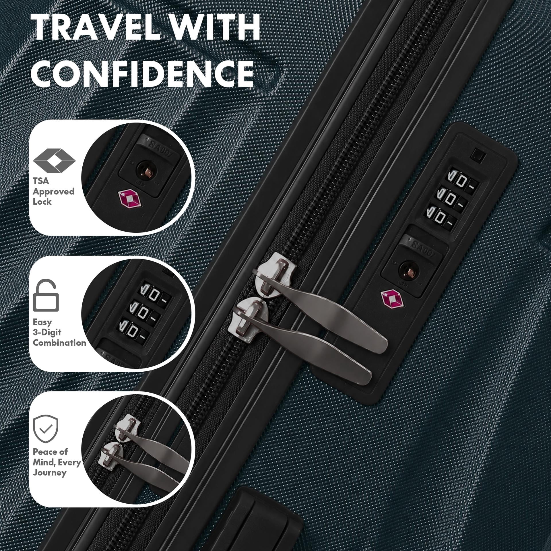 3-Piece ABS Hardshell Luggage Set, Lightweight Durable Suitcases with 4 Silent Spinner Wheels & TSA Lock, Wave-Embossed Scratch-Resistant Shell, 20/24/28 Inch, Dark Green