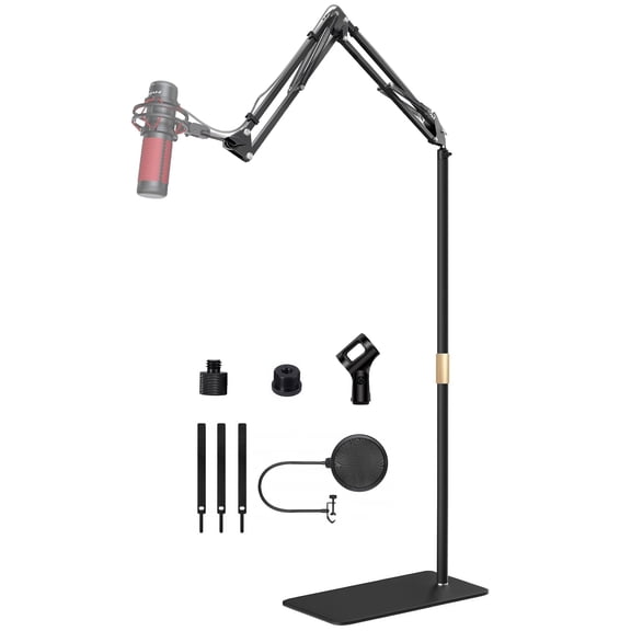 Microphone Floor Stand for Blue Yeti, Nano, Snowball, HyperX,Razer,Logitech USB and Condenser Mic,Adjustable Boom Arm Stand with 1/4'' 3/8" 5/8" Adapter, Pop Filter, Mic Clip, Cable Ties