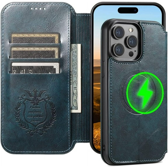 Case Wallet for iPhone 12 Pro Max, iPhone 12 Pro Max Wallet Case Compatible with MagSafe Wireless Charging Leather Flip Folio Cover Kickstand Cash Credit Card Holder for Men Women Blue