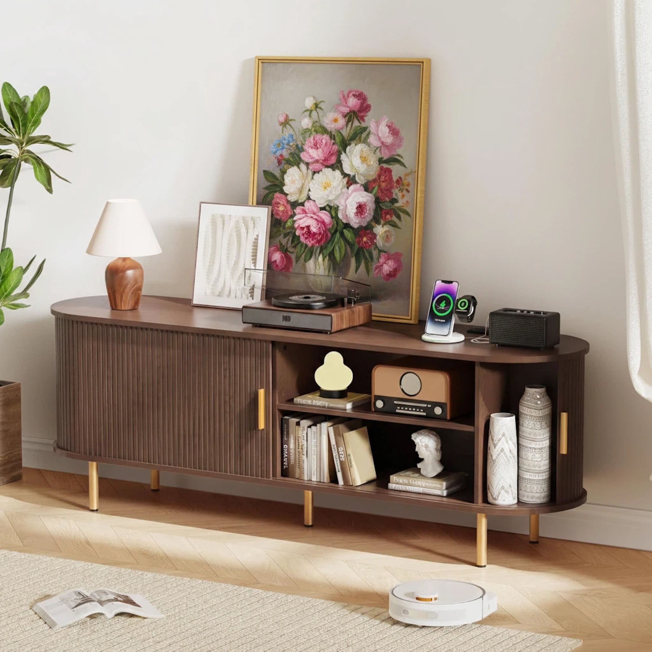 AISWORD 63 Inch TV Stand with Power Outlet for TVs up to 70 Inch, Entertainment Center with Storage and Adjustable Shelves, Media Console with Sliding Doors for Living Room, Brown