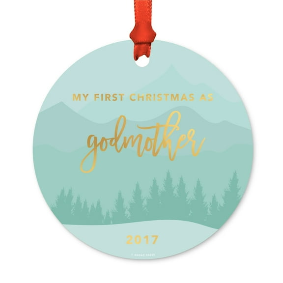 Metal Christmas Ornament, My First Christmas As Godmother 2017, Winter Wonderland, Includes Ribbon and Gift Bag