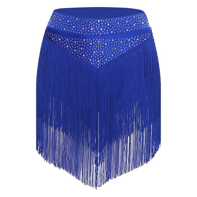 Ocealan Robe de Danse de Salon à Franges Élastique pour Femmes Tango Latin Bleu m