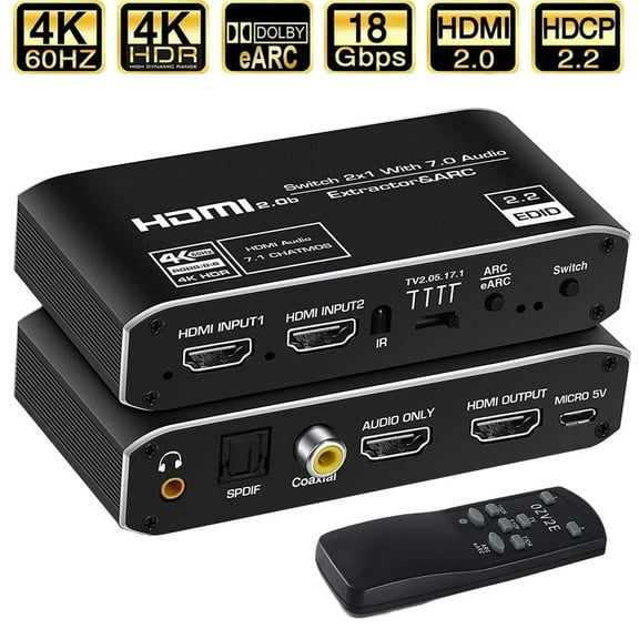HDMI Audio Extractor,AUBEAMTO 2x1 HDMI Switch to HDMI Optical Toslink SPDIF 3.5mm Audio Jack Coaxial 7.1Ch HDMI Audio Support ARC and eARC Function for Apple TV PS4