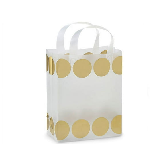 Pack Of 25, Cub Size 8 x 4 x 10" Gold Hip Dots Plastic Shopping Bags 3 Mil W/6 Mil Handle
