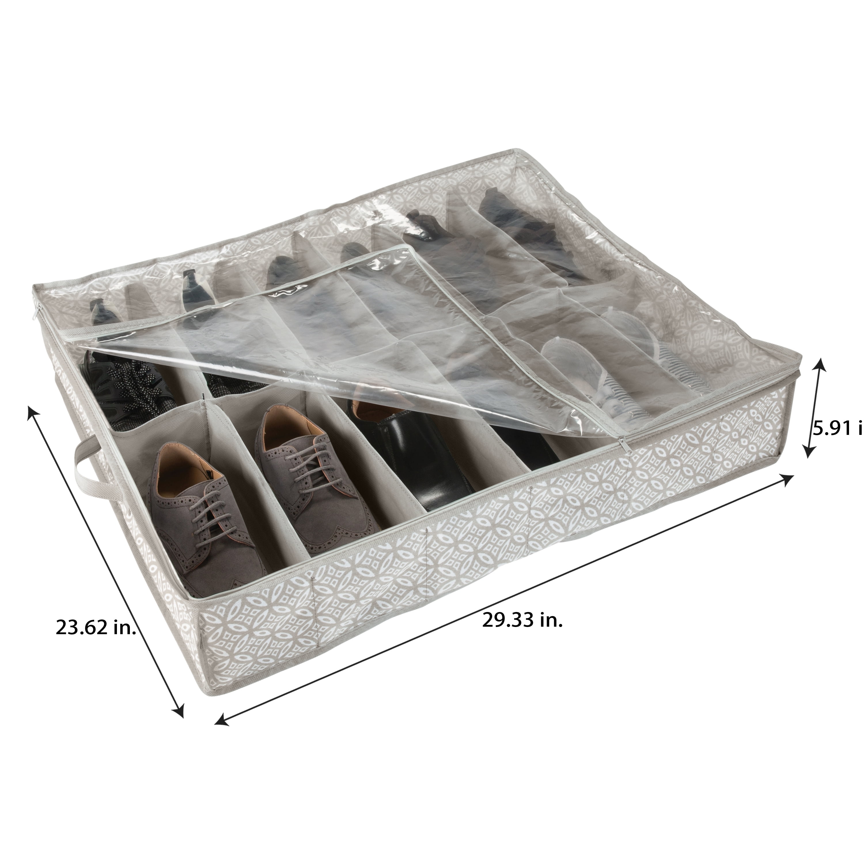 Simplify 12 Pair Boho Print Fabric Under the Bed Shoe Storage Bag in Grey