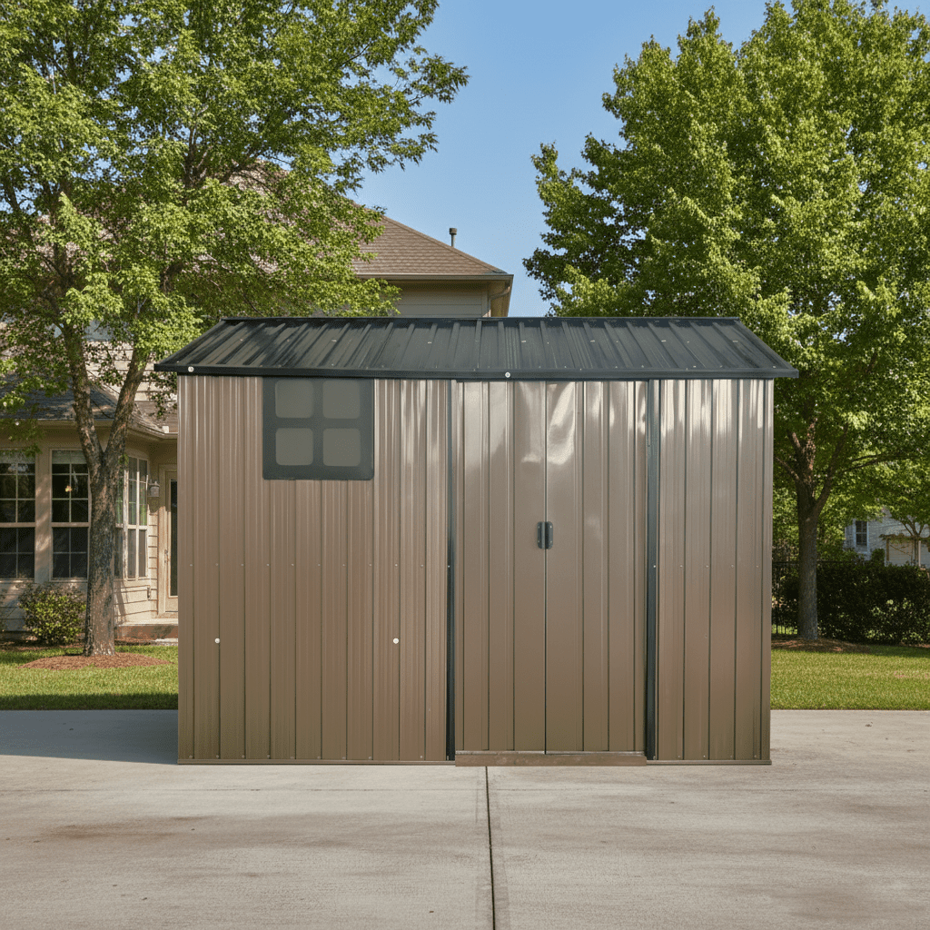 Mintazer 8×6ft Metal Outdoor Storage Shed with Lockable Sliding Doors & Window, Weatherproof Garden Tool Shed, Brown