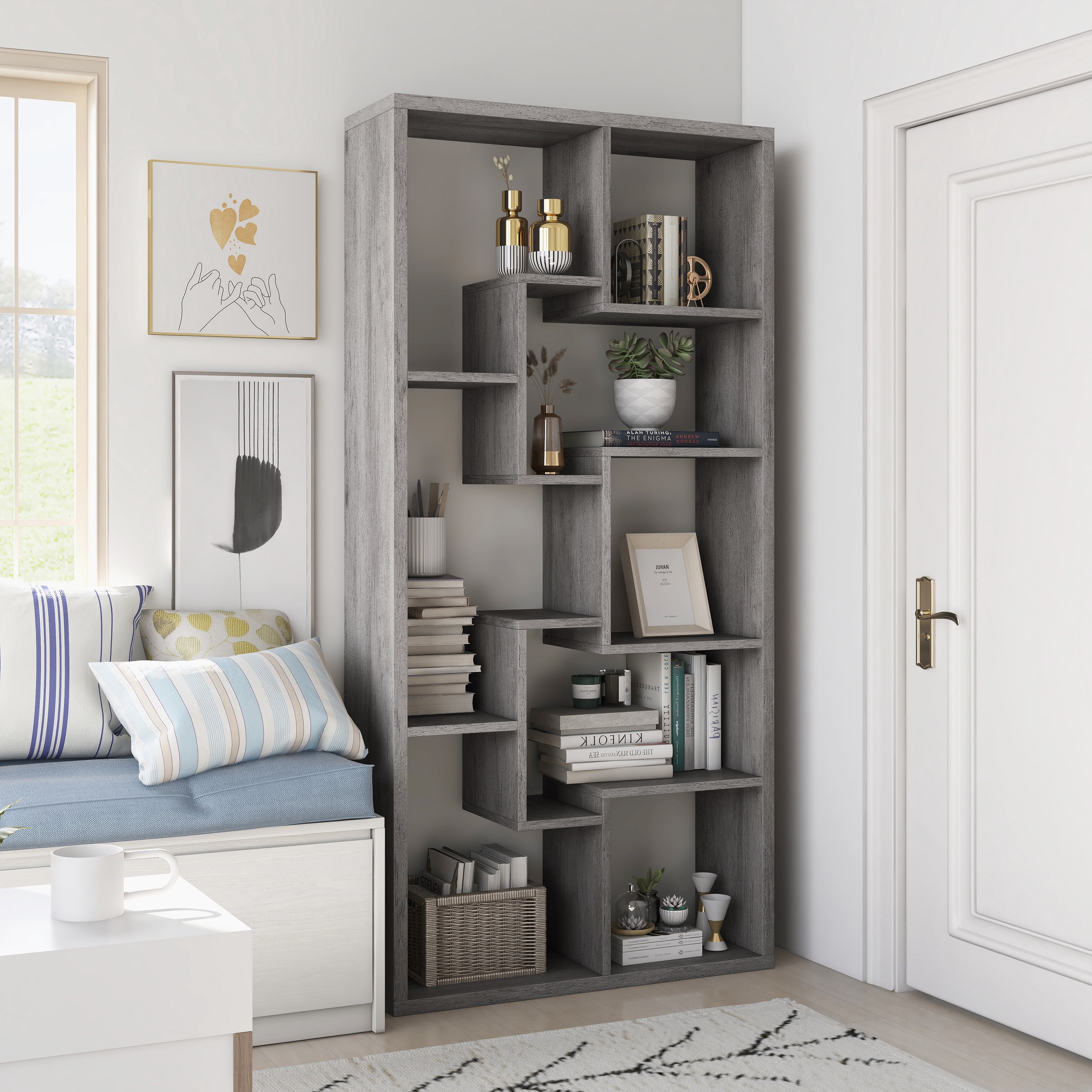 Furniture of America Corin Modern 12-Shelf Geometric Bookcase, Vintage Gray Oak