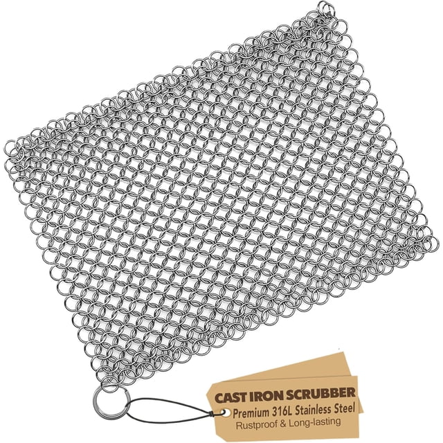 Cast Iron Scrubber 316 Stainless Steel Skillet Cleaner 8"x6" Chainmail Scrubber Scraper Chain Mail Link Scrub for Cast Iron Pre-Seasoned Pans, Griddles, BBQ Grills, and Pot Cookware Cleaning