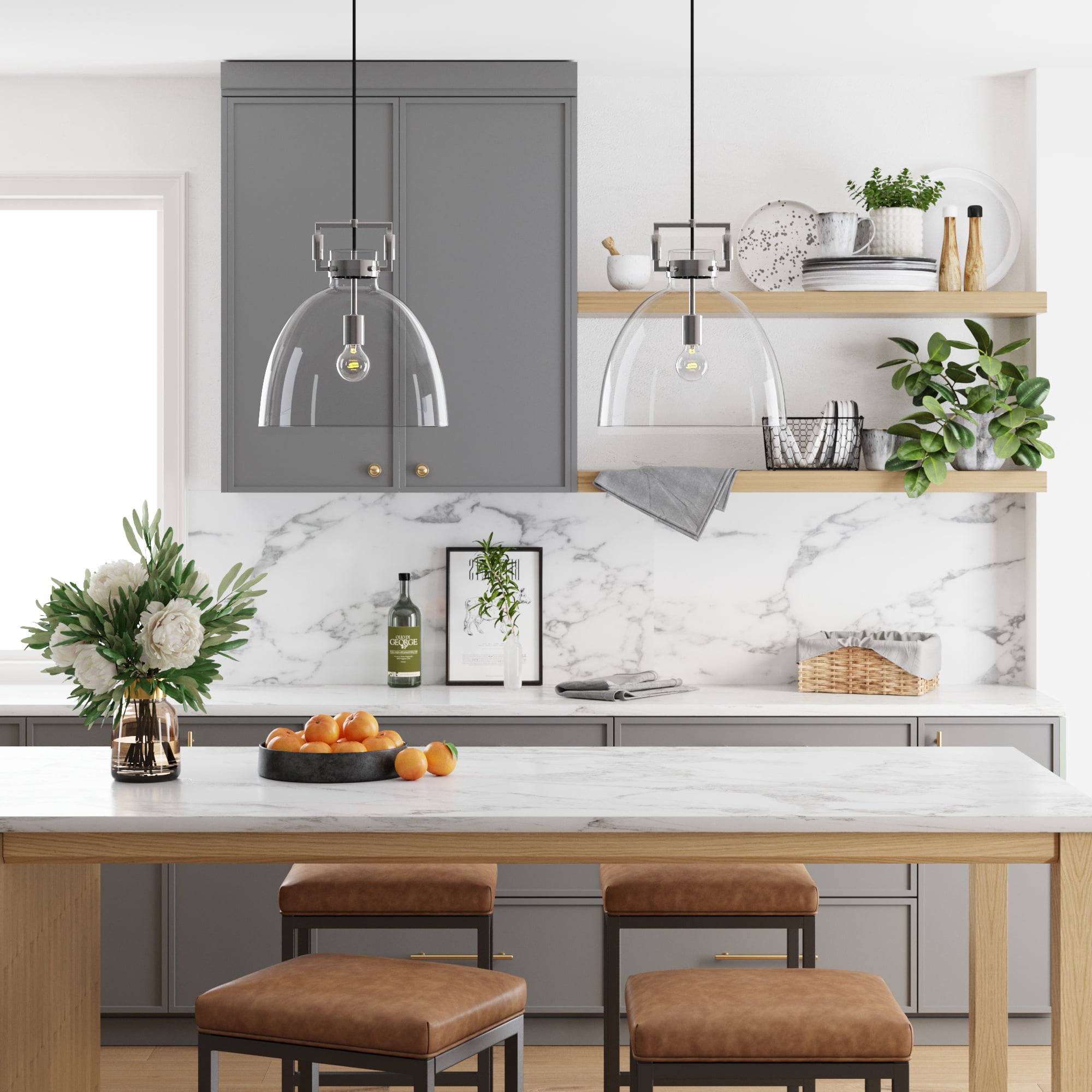 Nathan James Leigh 1-Light Chrome Pendant Lighting for Kitchen Island with Oversized Glass Shade and Adjustable Cord