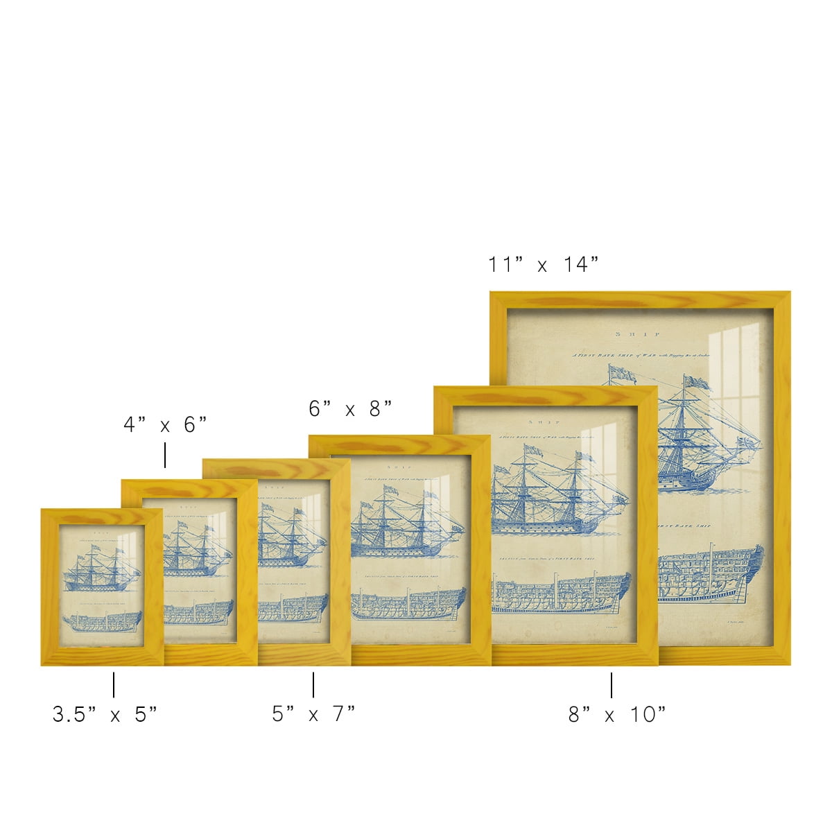 Vintage Ship Blueprint -Framed Print w/glass-Sunflower Yellow