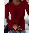 thumbnail image 4 of Blusa de manga larga con cuello redondo para mujer, camisa Sexy de retales de encaje blanco, Top de malla, camisas elegantes ahuecadas, rosa, primavera 2024, 4 of 5