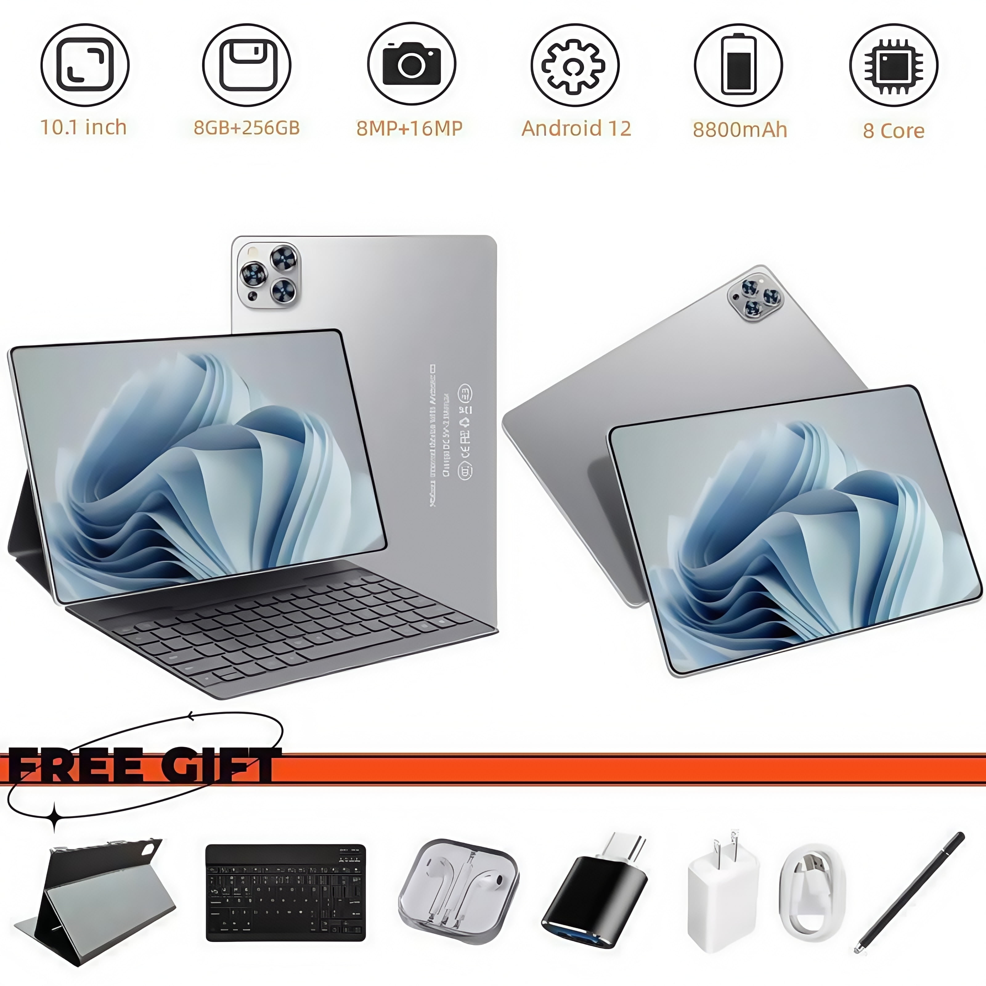 Tablet 10.1 Inch Android 12 Tablet,WiFi Tablets PC,8 GB RAM+256GB ROM( Expand to 512GB),Octa-Core,4G/5G Wi-Fi,Bluetooth,Dual Camera 8MP+16MP,8800mAh,With Bluetooth keyboard