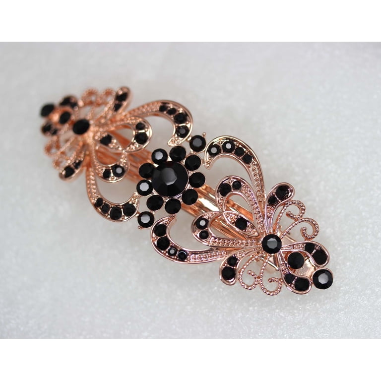Faship Black Crystal Rose Gold Plated Floral Hair Barrette  display picture 2