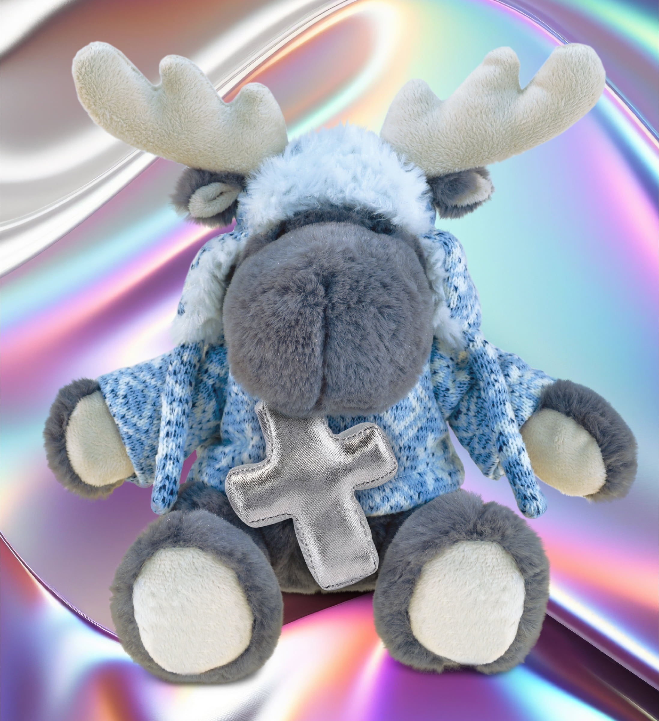 DolliBu Grey Moose with Clothes Stuffed Animal with Silver Cross Plush - Religious Baby Baptism Gifts for Boys and Girls, Dedication Christening Gifts Plush Prayer Toy Healing Teddy Bear - 12 Inches