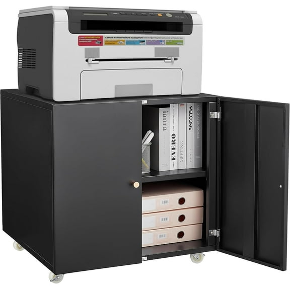 Metal Printer Stand with File Storage Cabinet, Printer Cabinet File Cabinet On Wheels with Door and Adjustable Shelf, Printer Table Stand for Home Office