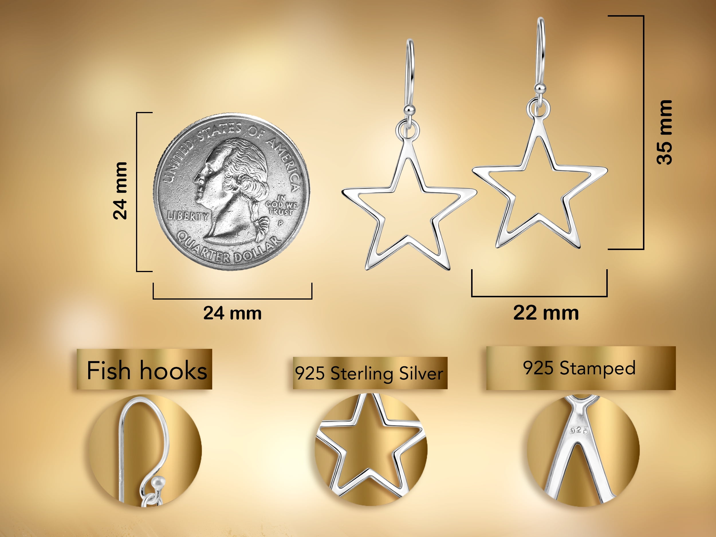 Symmetric Everyday 5 Point Shining Star .925 Sterling Silver Dangle Earrings