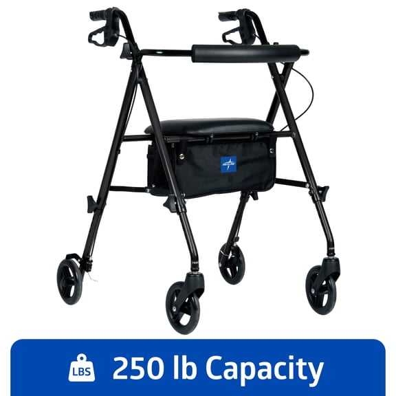 Medline Rolling Walker, Rollator with Seat and 6-In Wheels, Lightweight, Black, 250-lb Capacity, Aluminum