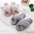 thumbnail image 5 of Pantuflas para mujer, peludas y esponjosas, de piel sintética, con puntera abierta y banda cruzada, planas, a la moda, cálidas para el hogar, sala de estar, dormitorio, interior y exterior, color rosa, 5 of 5