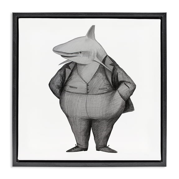 Stupell Industries Shark In Suit Drawing Black Framed Floater Canvas Wall Art, design by Violeta Vollmer