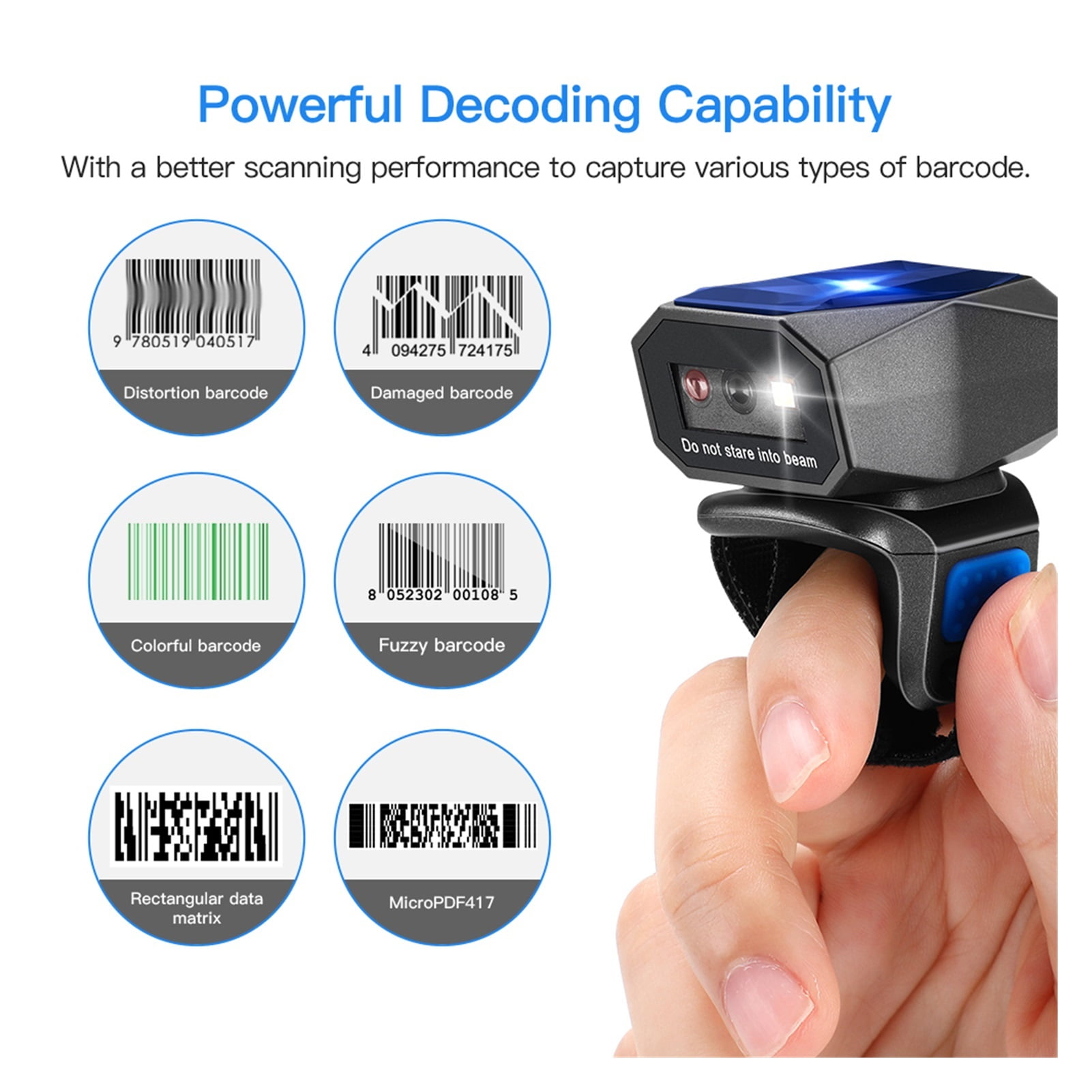 Wearable 1D Bluetooth Barcode Scanner Ring 2D QR Barcode Reader 2.4G Dongle Wireless EAN13 Barcodes USB Wired Read ,Easy to Operate