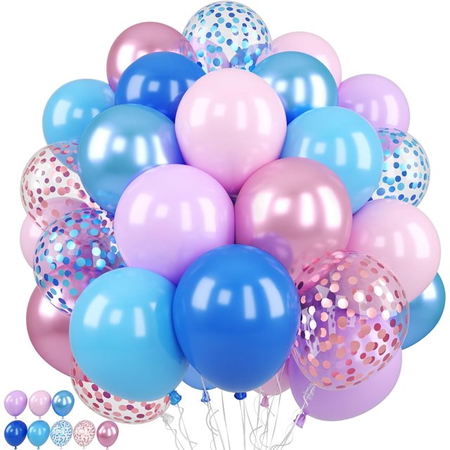 Yanonmyfd Pink and Purple Balloons, 50PCS 12 Inch Confetti Balloons, Metallic Purple Pink Latex Balloons with Ribbon, Party Balloons for Birthday Shower Wedding Party Decorations,Pink Purple Blue
