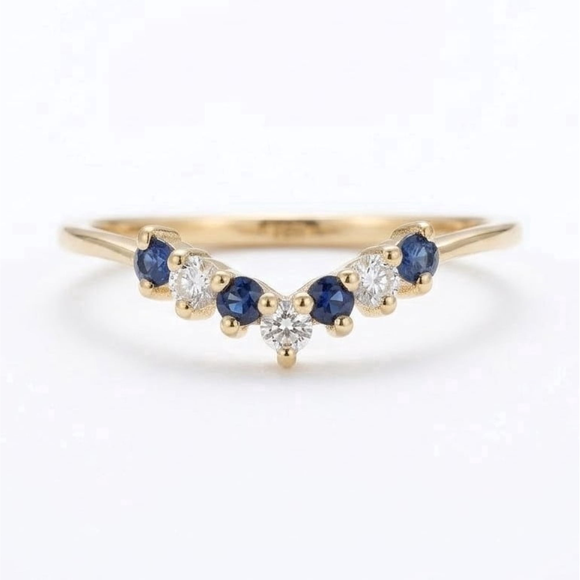 Blue Sapphire & Diamond Alternative Enagagement Ring, Curved Band Ring, Chevron Band Ring, Anniversary Ring Gift for Wife, Matching Wedding Band Ring