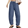 thumbnail image 2 of Women's Baggy Wide Leg Palazzo Pants Harem Pants Petite Linen Pants Drawstring Boho Barrel Sweatpants Summer Casual Flowy Breathable Trousers Beach Vacation, Spring Summer Fall, Dark Blue M, 2 of 9