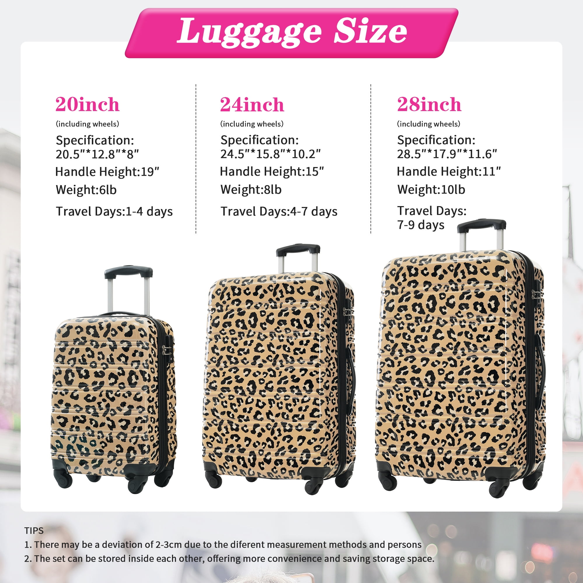 Luggage Sets 3 PCS Hardshell, 20" Carry on Luggage with TSA Lock, 24" Lightweight Checked Luggage, 28" Suitcase Set with Spinner Wheels for Women Men, Brown Leopard