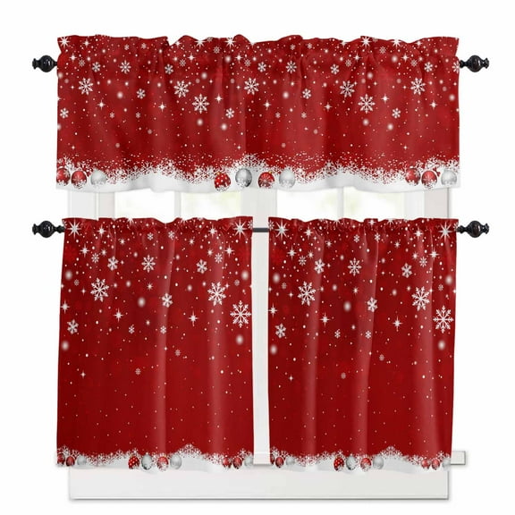 Christmas Red Kitchen Curtains and Valances Set, Winter White Christmas Balls Snowflakes Star Rod Pocket Window Valance Window Curtain Panels for Living Room Bedroom Laundry, 27.5x24in, 3 Pieces